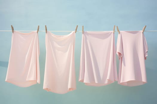 Clean children's clothes hanging on a washing line on the street. Illustration in pastel colors. Washday.