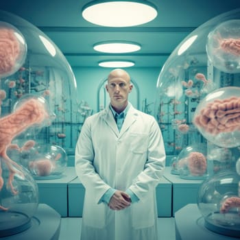 a bald man in a white doctor's coat in a room with strange substances in glass round containers. in pastel colors