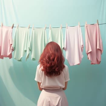 Clean children's clothes hanging on a washing line on the street. Illustration in pastel colors. Washday.