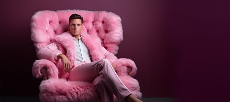 A young man in a pink suit and shoes sits comfortably on a fluffy soft fur pink chair.
