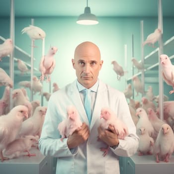bald man in a white doctor's coat in a room with strange pink birds in pastel colors