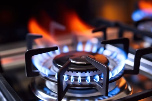 The gas burns in the burner of a kitchen stove.