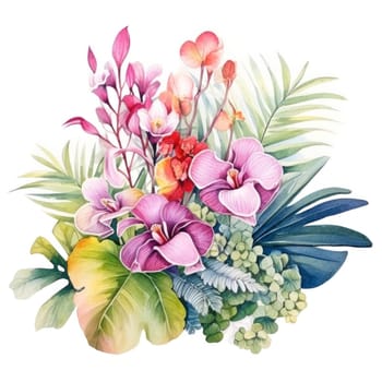 Tropical summer watercolor card with exotic flowers and green leaves. Natural illustration isolated on white background.