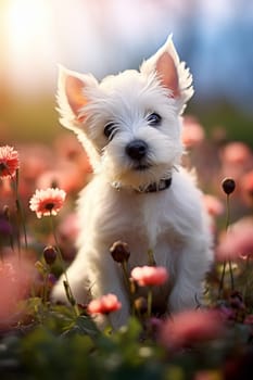 west highland white terrier sitting in red flower flield and looking into camera