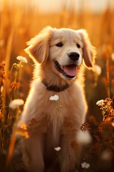 Golden Retriever puppy sitting in red flower flield and looking into camera