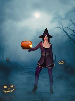 3D rendering of a cute pin-up witch dressed in a hat, purple dress and striped stockings holding a jack-o'-lantern on a spooky night.
