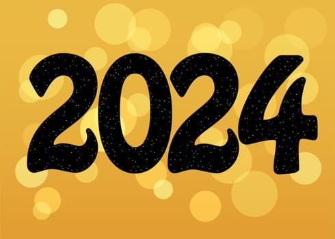 Welcoming 2024 with artistic flair! Bold black number 2024, adorned with vibrant spray decor for an exciting New Year. Bright yellow background with light blurs. Get ready to celebrate!