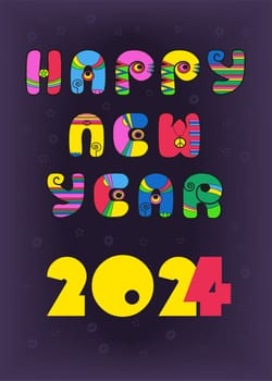 Step into 2024 with a Groovy 70s New Year!  Nostalgic vintage text and surreal decor. Bold yellow 2024 with a red 4 on a mesmerizing dark purple background. Celebrate in retro style