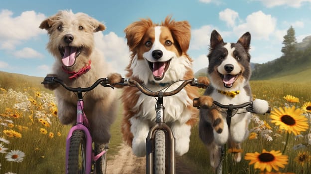 Three funny dogs riding old bikes in summer meadow with lots of flowers