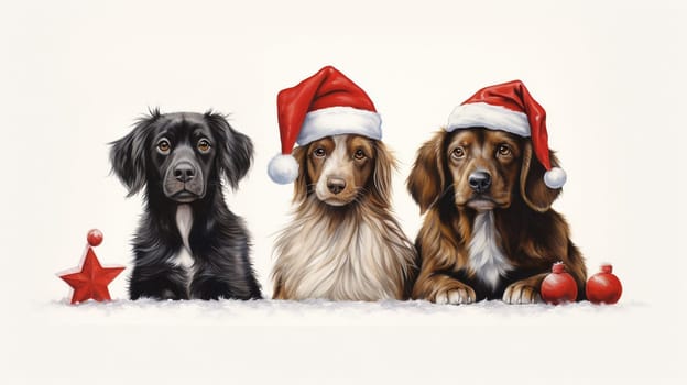 Three cute dogs with santa hats and xmas decoration on white background
