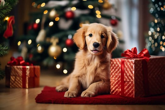 Cute golden Retriever puppy dog with christmas presents, looking at camera