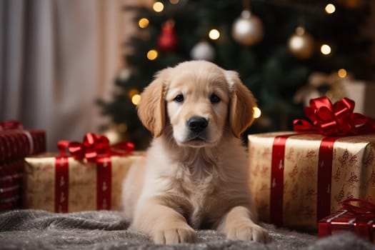 Cute golden Retriever puppy dog with christmas presents, looking at camera