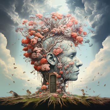 Human mind with flowers growing from a tree, positive thinking, creative mind, self care and mental health concept