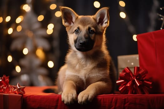 German shepherd puppy dog on christmas lying between presents and christmas lights in the background
