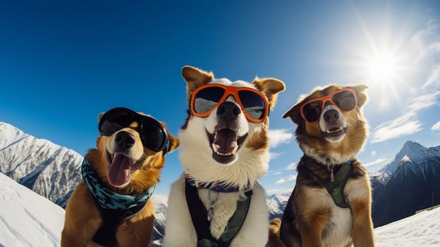 Three funny dogs with sunglasses sitting on top of the mountain in the snowin the snow
