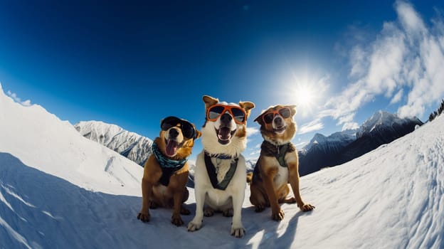 Three funny dogs with sunglasses sitting on top of the mountain in the snowin the snow