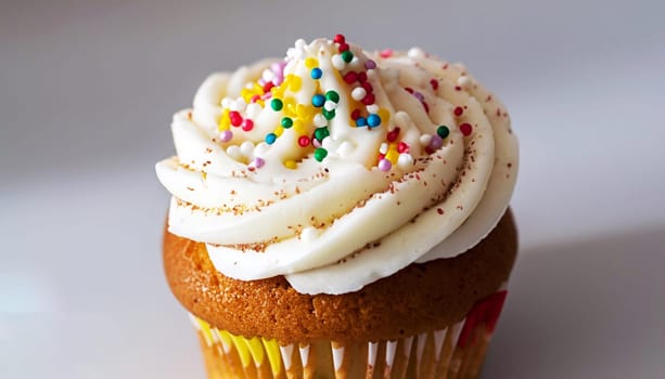 A closeup shot of a cupcake with white frosting and sprinkles on a white surface with a blurred background
