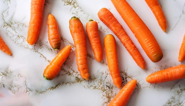 Whole and cut ripe carrots on white marble table, flat lay. Space for text