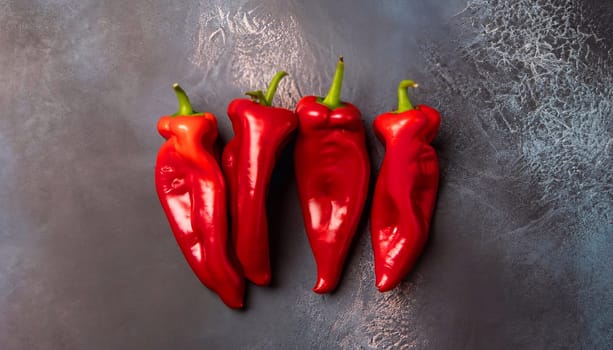 red hot chili pepper corns and pods on dark vintage metal culinary background, top view