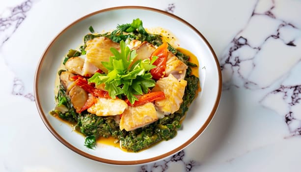 Baked cod with pepper sauce and corn
