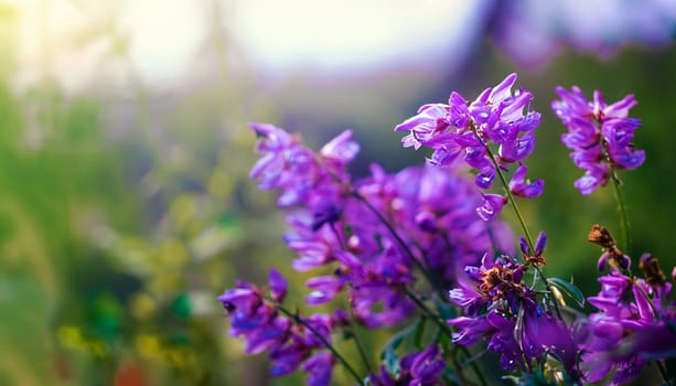 Beautiful wild flowers chamomile, purple wild peas, butterfly in morning haze in nature close-up macro. Landscape wide format, copy space, cool blue tones. Delightful pastoral airy artistic image.