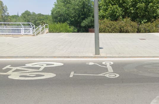 Priority lane for bikes and electric kick scooters sign. Regulation of e-scooters