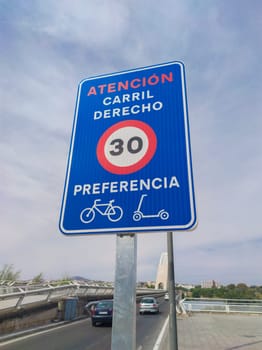 Priority lane for bikes and electric kick scooters sign. Regulation of e-scooters