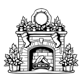 Christmas fireplace decorated with fir branches and stockings. Christmas coloring page.