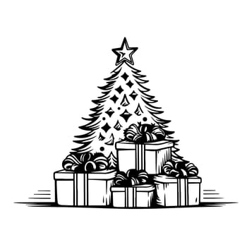 Christmas tree with snow and gifts. Christmas coloring page.