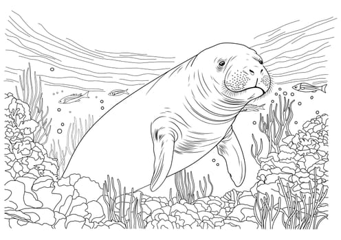 Seal coloring book, sea cow. Coral reef coloring book