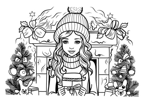 Girl in a winter hat near the fireplace with a gift. Christmas coloring book