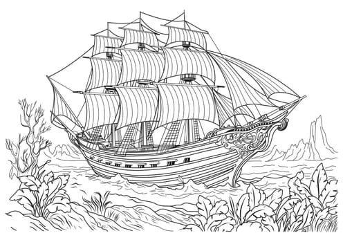 Sunken ancient ship. Coloring page of a ship with sails
