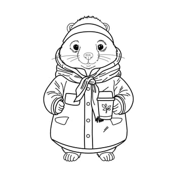 Groundhog Day February 2nd. Cute baby animal beaver. Coloring book Groundhog Day in a top hat and frock coat. Meteorologist.
