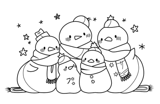 Cute funny family of snowmen. Coloring page for children.Merry Christmas coloring book