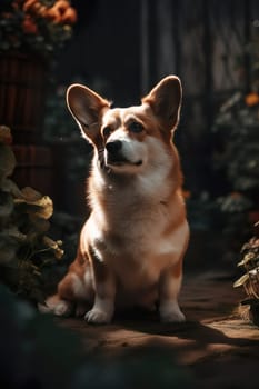 Corgi sitting in English garden
