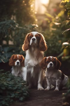 Cavalier King Charles Spaniel with puppies in garden