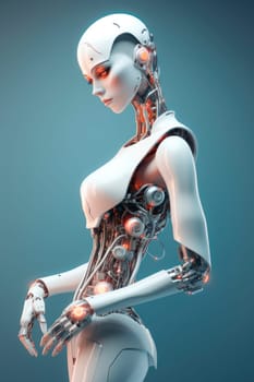 Beautiful slim girl robot humanoid. The concept of artificial intelligence, technological progress. Cyborg woman. Female android. Scientific progress.AI generated.