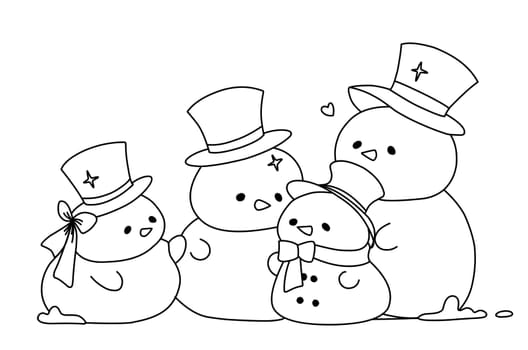 Cute funny family of snowmen. Coloring page for children.Merry Christmas coloring book