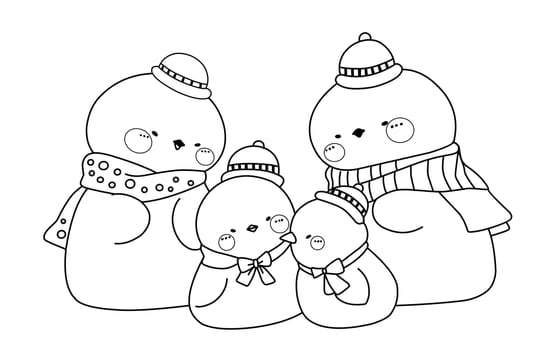Cute funny family of snowmen. Coloring page for children.Merry Christmas coloring book
