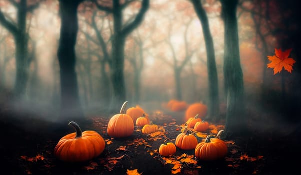 Thanksgiving and halloween pumpkins in autumn forest. Fall season landscape with bare trees, maple leaves and path with pumpkin crop. Festive holiday greeting card wallpaper. Dark magic wood october scene.