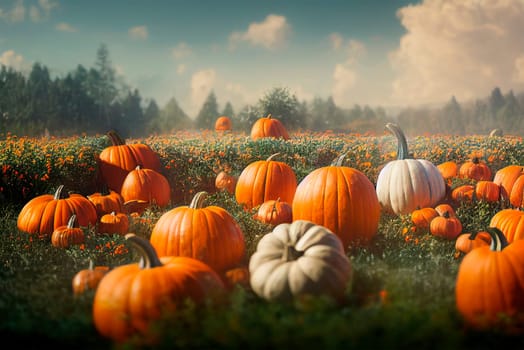 Idyllic autumn scene with field of pumpkins in grass on sunny sky. Thanksgiving and halloween holiday greeting card background. Beautiful season festive scenery with harvest crop on countryside farm meadow wallpaper.