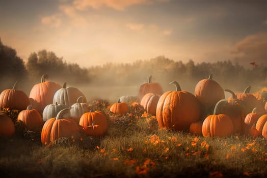 Idyllic autumn scene with field of pumpkins in grass on sunny sky. Thanksgiving and halloween holiday greeting card background. Season festive scenery with harvest crop on countryside farm wallpaper