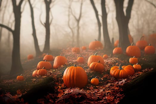 Thanksgiving and halloween pumpkins in autumn forest. Fall season landscape with bare trees, maple leaves and pumpkin crop. Festive holiday greeting card wallpaper. Dark magic wood october scene.