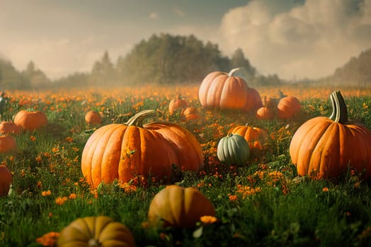 Idyllic autumn scene with field of pumpkins in grass on sunny sky. Thanksgiving and halloween holiday greeting card background. Beautiful season festive scenery with harvest crop on countryside farm meadow wallpaper.