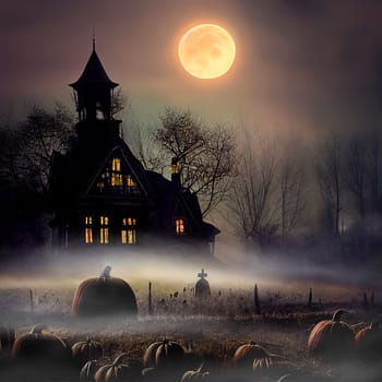 Haunted house on pumpkin field at night. Halloween design. Full moon, bare tree and old house with mist and moonlight.