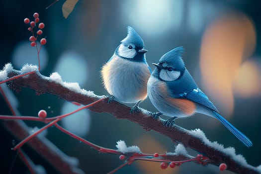 Two Little blue titmouse birds on branch covered with snow. Christmas, New year eve and winter holiday scene. Xmas greeting card background.