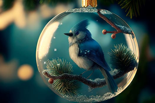Little blue titmouse bird in christmas glass ball on fir tree covered with snow. New year eve and winter holiday scene. Xmas greeting card background.