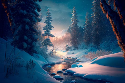 Winter landscape wallpaper with pine forest covered with snow, mountain stream and scenic night sky with stars. Snowy fir tree in beauty nature scenery. Christmas and new year greeting card background.