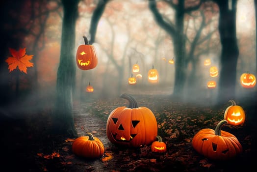 Scary halloween pumpkins in spooky magic forest. Jack'o'Lantern in dark wood. Autumn night scene with mist, bare trees, maple leaves and fall pumpkins crop. Traditional halloween and thanksgiving holiday festive background.