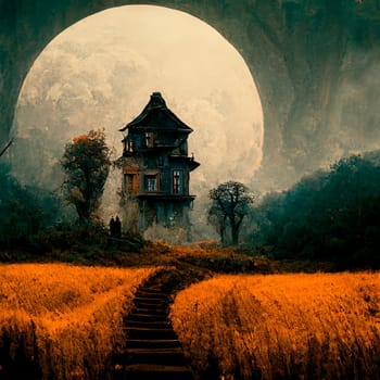 Halloween night scene with haunted house and full moon. Horror old mansion on abandoned estate.